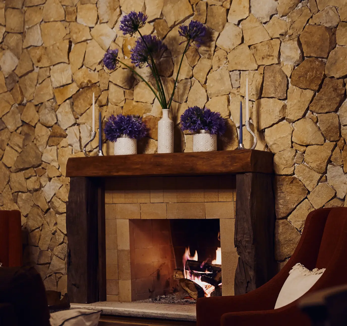 Cozy fireplace with warm lighting